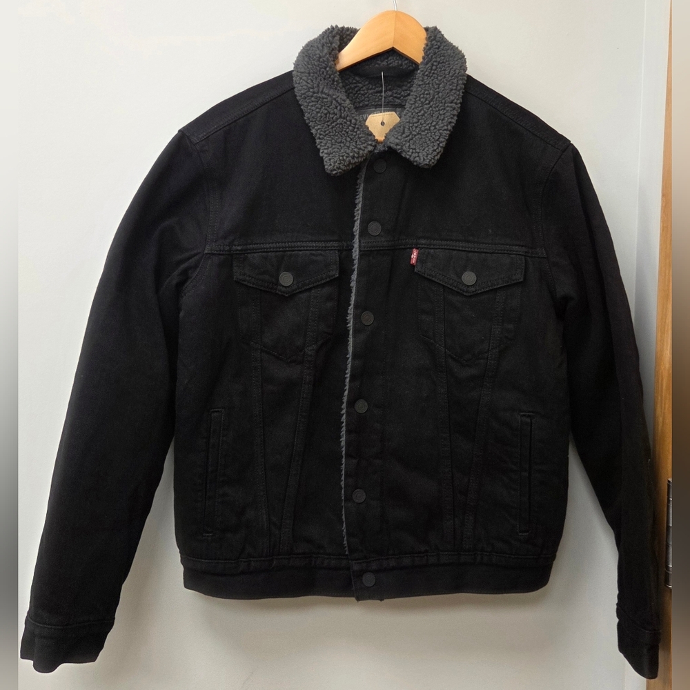 Levi Mens Black Denim TYPE 3 Sherpa-Lined Trucker Jacket S